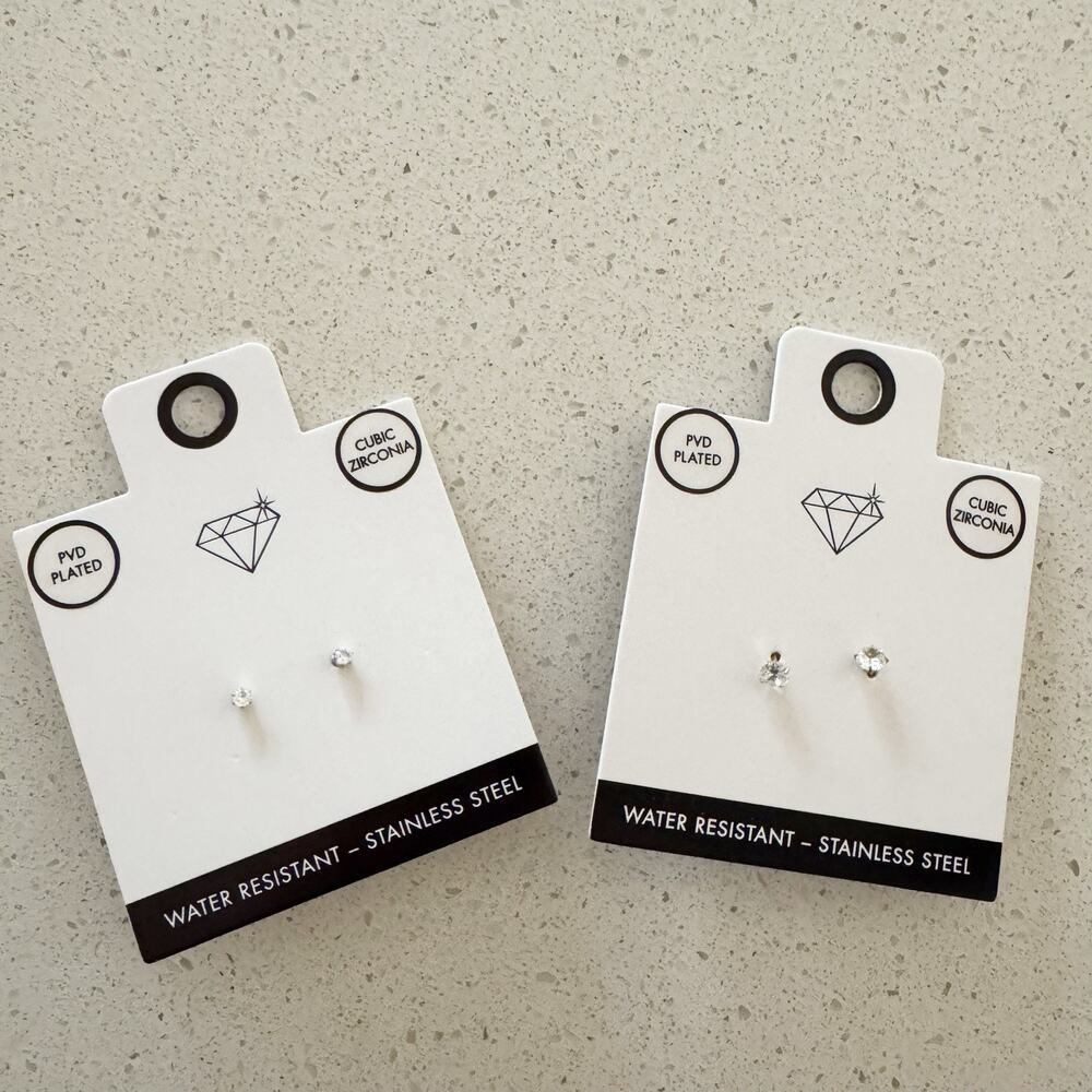 2 Pairs Of Cubic Zirconia Studded Earrings Stainless‎ Steel PVD Plated